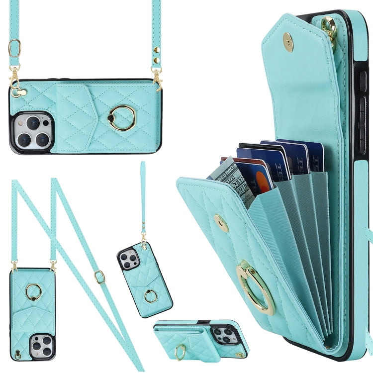 For iPhone 15 Pro Max Rhombic Texture Card Bag Phone Case with Long Lanyard(Mint Green) - free shipping - PMC TechLife - Order now!