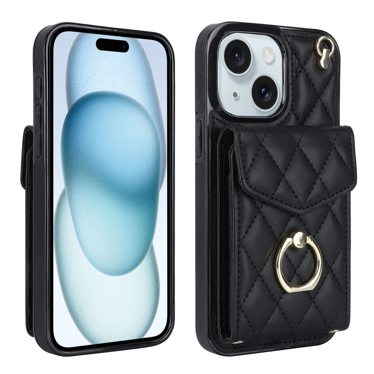 For iPhone 15 Plus Rhombic Texture Card Bag Phone Case with Long Lanyard(Black) - iPhone 15 Plus Cases by PMC TechLife | Online Shopping South Africa | PMC TechLife | Buy Now Pay Later Mobicred