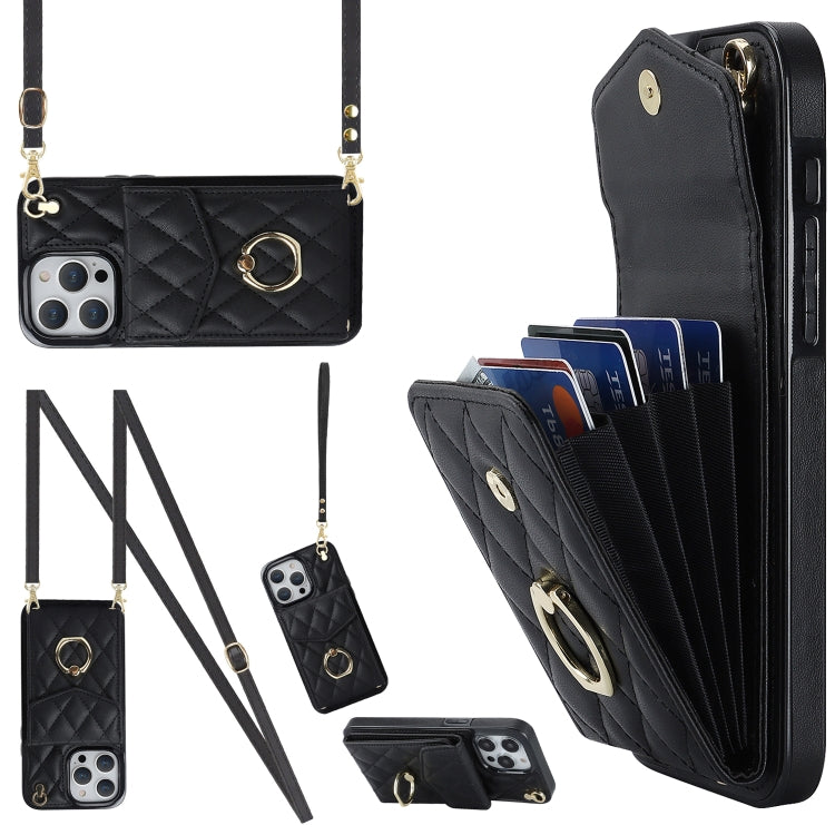 For iPhone 15 Plus Rhombic Texture Card Bag Phone Case with Long Lanyard(Black) - iPhone 15 Plus Cases by PMC TechLife | Online Shopping South Africa | PMC TechLife | Buy Now Pay Later Mobicred