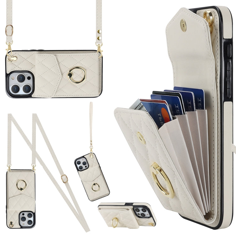 For iPhone 15 Rhombic Texture Card Bag Phone Case with Long Lanyard(White) - iPhone 15 Cases by PMC TechLife | Online Shopping South Africa | PMC TechLife | Buy Now Pay Later Mobicred