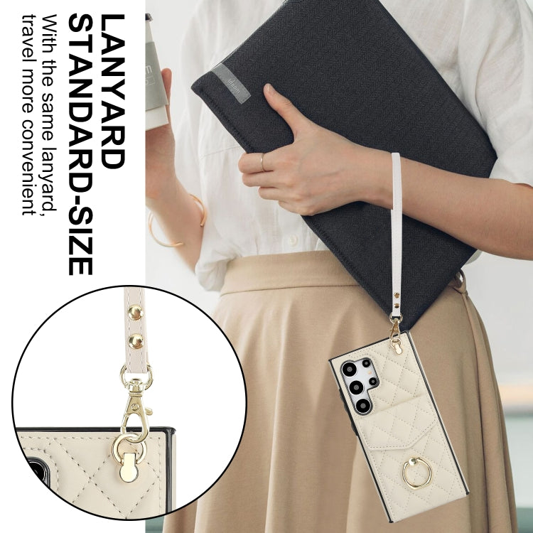 For Samsung Galaxy S24 Ultra 5G Rhombic Texture Card Bag Phone Case with Long Lanyard(White) - free shipping - PMC TechLife - Order now!