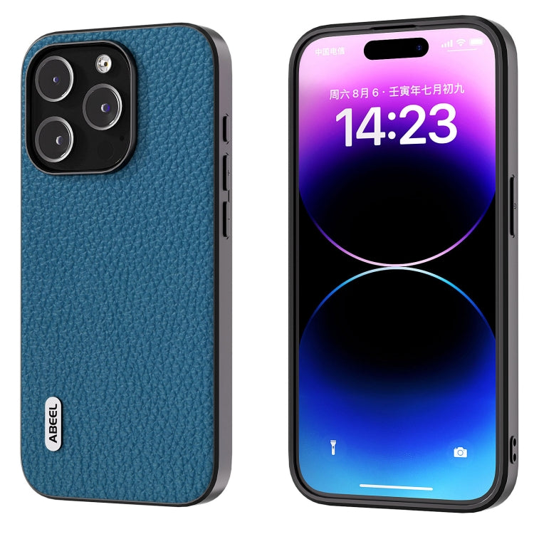 For iPhone 14 Pro Max ABEEL Genuine Leather Litchi Texture Phone Case(Blue) - free shipping - PMC TechLife - Order now!