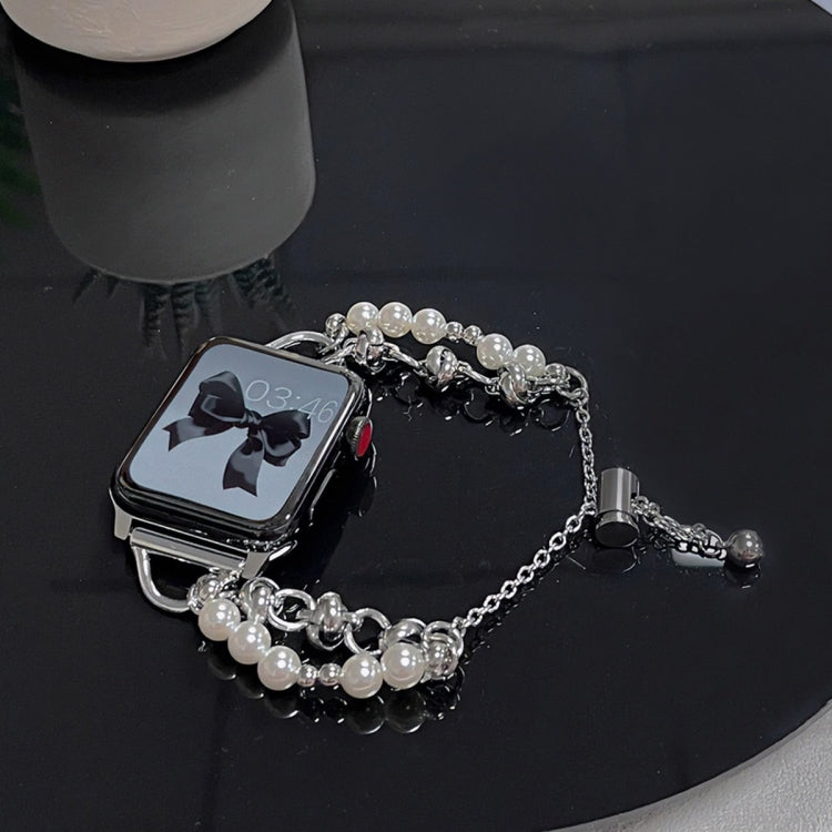 For Apple Watch SE 2023 44mm Pearl Bracelet Metal Watch Band(Silver Black) - Watch Bands by PMC TechLife | Online Shopping South Africa | PMC TechLife