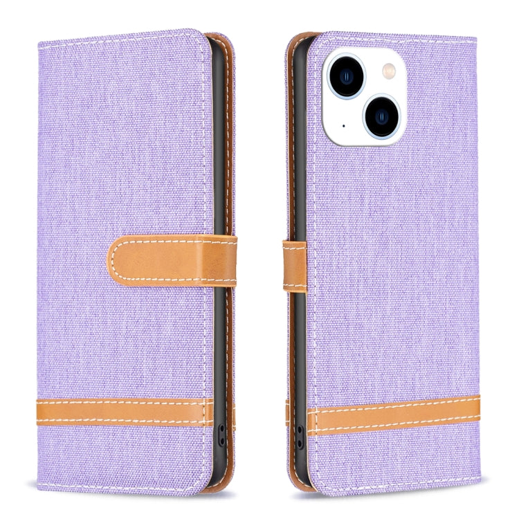 For iPhone 15 Color Block Denim Texture Leather Phone Case(Purple) - free shipping - PMC TechLife - Order now!