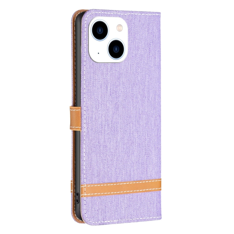 For iPhone 15 Color Block Denim Texture Leather Phone Case(Purple) - free shipping - PMC TechLife - Order now!