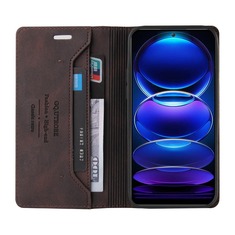 For Xiaomi Redmi Note 12 India/Poco X5 GQUTROBE Skin Feel Anti-theft Brush Horizontal Flip Leather Case with Holder(Brown) - free shipping - PMC TechLife - Order now!