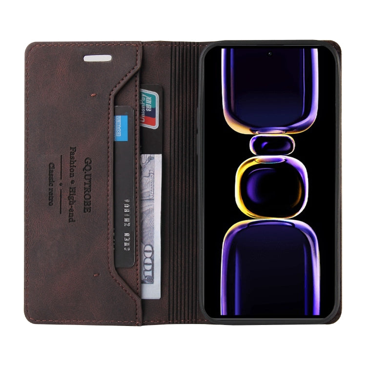For Xiaomi Poco F5 5G/Redmi Note 12 Turbo 5G GQUTROBE Skin Feel Anti-theft Brush Horizontal Flip Leather Case with Holder(Brown) - free shipping - PMC TechLife - Order now!