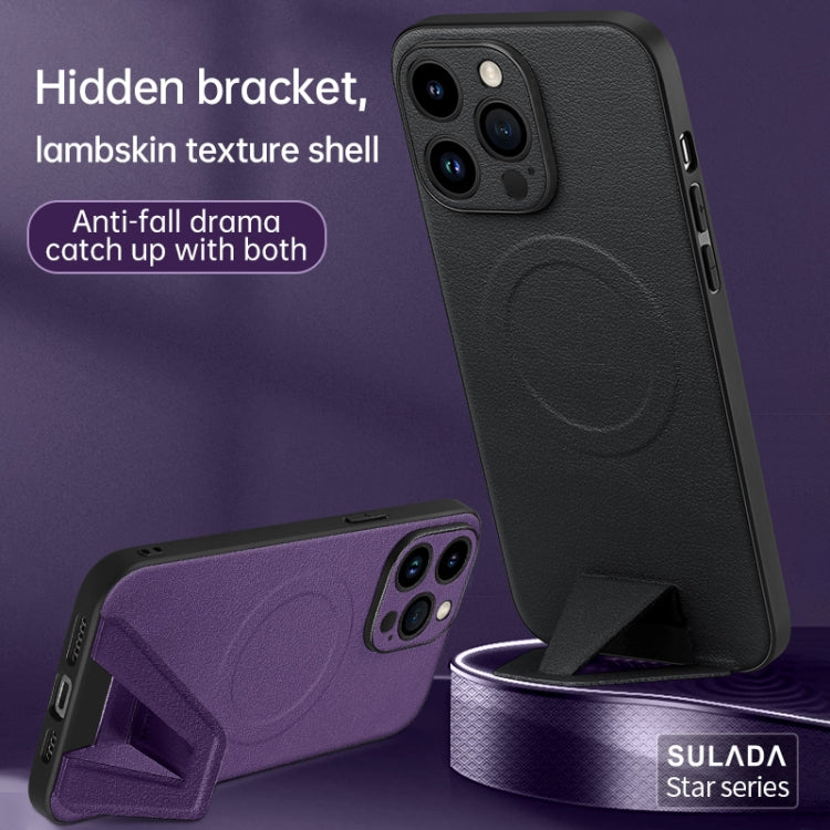 For iPhone 14 Plus SULADA Folding Holder Lambskin Texture MagSafe Phone Case(Black) - iPhone 14 Plus Cases by SULADA | Online Shopping South Africa | PMC TechLife