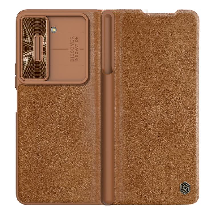 For Samsung Galaxy Z Fold5 NILLKIN QIN Series Pro Sliding Camera Cover Design Leather Phone Case(Brown) - free shipping - PMC TechLife - Order now!