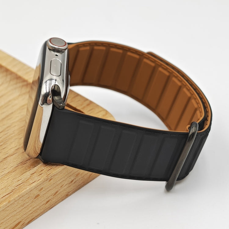 For Apple Watch 9 45mm Reverse Buckle Magnetic Silicone Watch Band(Black Buckle Black Brown) - Watch Bands by PMC TechLife | Online Shopping South Africa | PMC TechLife
