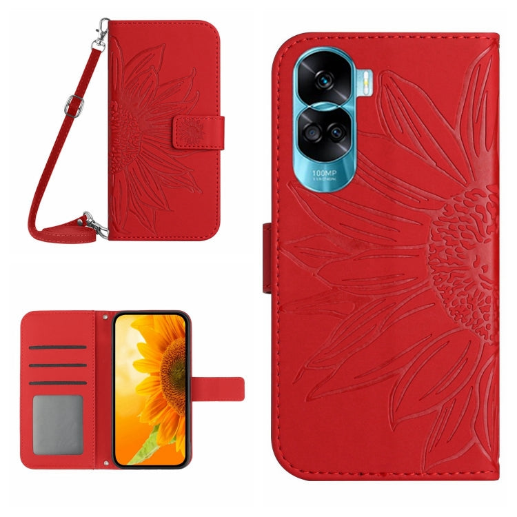 For Honor 90 Lite Skin Feel Sun Flower Pattern Leather Phone Case with Lanyard(Red) - free shipping - PMC TechLife - Order now!