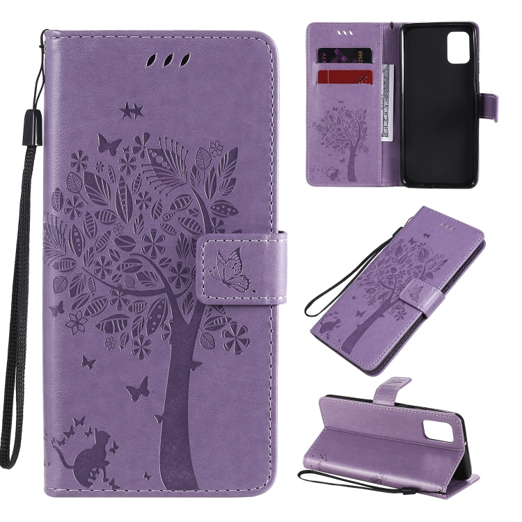 For Samsung Galaxy A31 Tree & Cat Embossed Pattern Horizontal Flip Leather Case with Holder & Card Slots & Wallet & Lanyard(Light Purple) - free shipping - PMC TechLife - Order now!