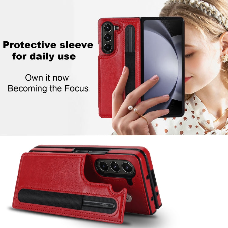 For Samsung Galaxy Z Fold5 Full Coverage Fold Double Buckle PU Phone Case with Pen Slots(Red) - Galaxy Z Fold5 Cases by PMC TechLife | Online Shopping South Africa | PMC TechLife | Buy Now Pay Later Mobicred