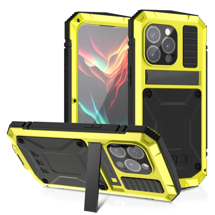 For iPhone 15 Pro Max R-JUST Shockproof Life Waterproof Dust-proof Metal + Silicone Phone Case with Holder(Yellow) - iPhone 15 Pro Max Cases by R-JUST | Online Shopping South Africa | PMC TechLife | Buy Now Pay Later Mobicred