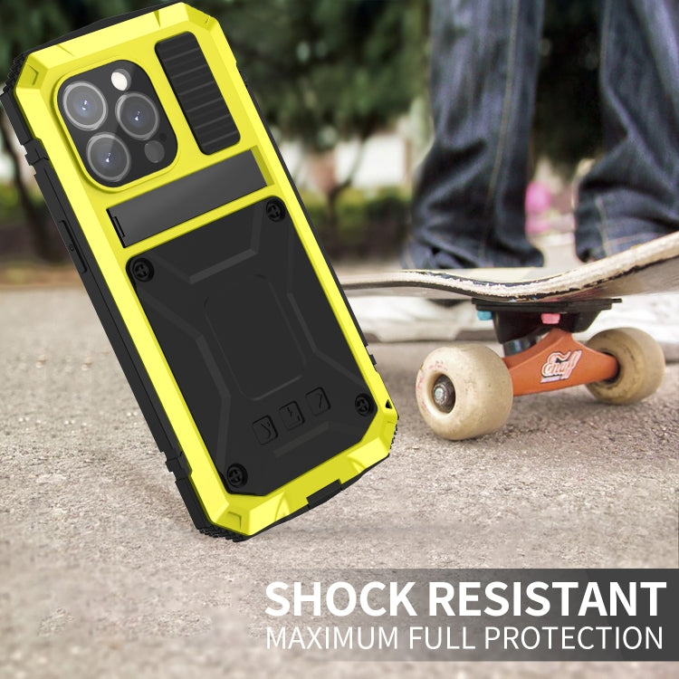 For iPhone 15 Pro Max R-JUST Shockproof Life Waterproof Dust-proof Metal + Silicone Phone Case with Holder(Yellow) - iPhone 15 Pro Max Cases by R-JUST | Online Shopping South Africa | PMC TechLife | Buy Now Pay Later Mobicred