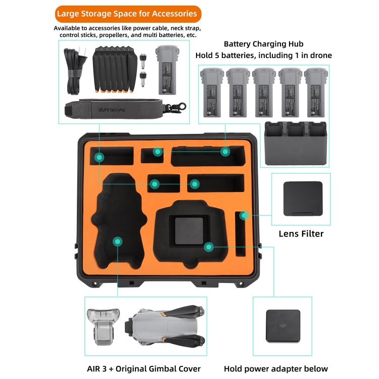 For DJI Air 3 Sunnylife Safety Carrying Case Large Capacity Waterproof Shock-proof Hard Travel Case Multi-battery Flying Version - free shipping - PMC TechLife - Order now!