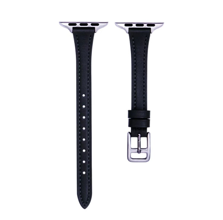 For Apple Watch SE 2023 44mm T-shaped Slim Genuine Leather Watch Band(Black) - Watch Bands by PMC TechLife | Online Shopping South Africa | PMC TechLife