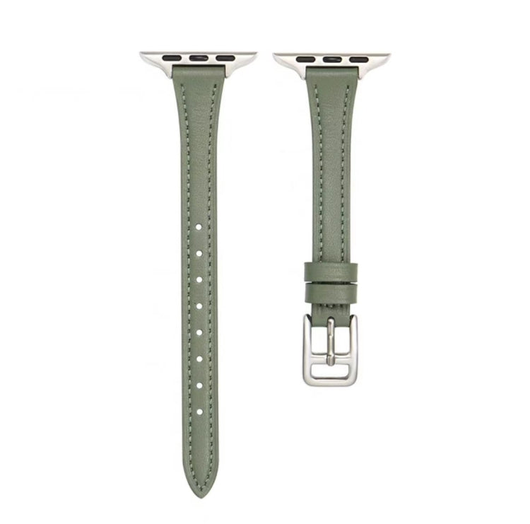 For Apple Watch SE 2023 44mm T-shaped Slim Genuine Leather Watch Band(Light Green) - Watch Bands by PMC TechLife | Online Shopping South Africa | PMC TechLife
