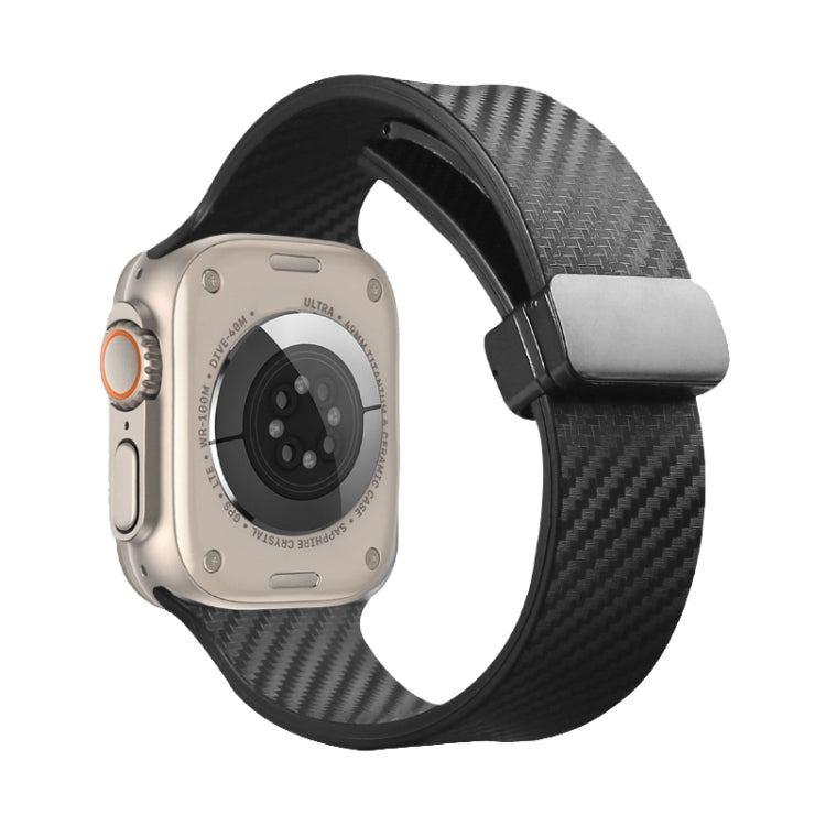 For Apple Watch 9 45mm Carbon Fiber Pattern Magnetic Buckle Silicone Watch Band(Black) - Watch Bands by PMC TechLife | Online Shopping South Africa | PMC TechLife