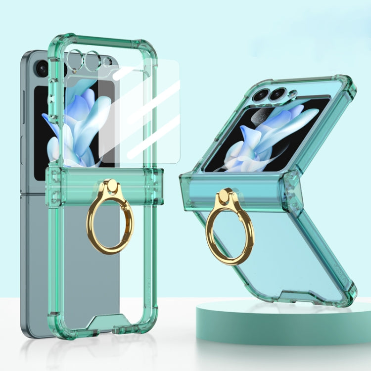 For Samsung Galaxy Z Flip5 Gkk Airbag Hinge Silicone Phone Case with Ring Holder & Tempered Film(Transparent Green) - free shipping - PMC TechLife - Order now!