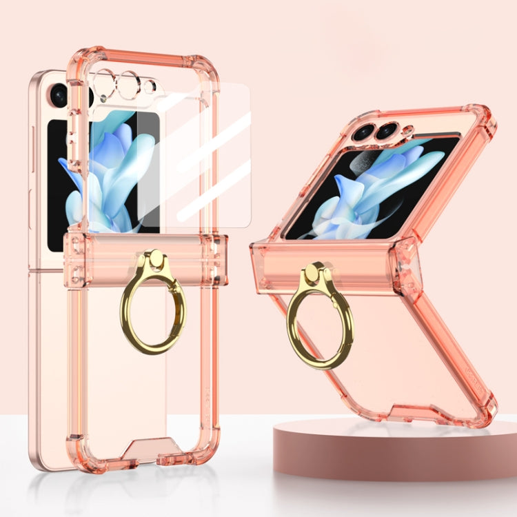 For Samsung Galaxy Z Flip5 Gkk Airbag Hinge Silicone Phone Case with Ring Holder & Tempered Film(Transparent Orange) - free shipping - PMC TechLife - Order now!