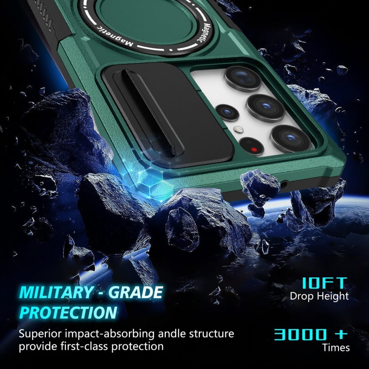 For Samsung Galaxy S23 Ultra 5G Sliding Camshield Magsafe Holder TPU Hybrid PC Phone Case(Deep Green) - free shipping - PMC TechLife - Order now!