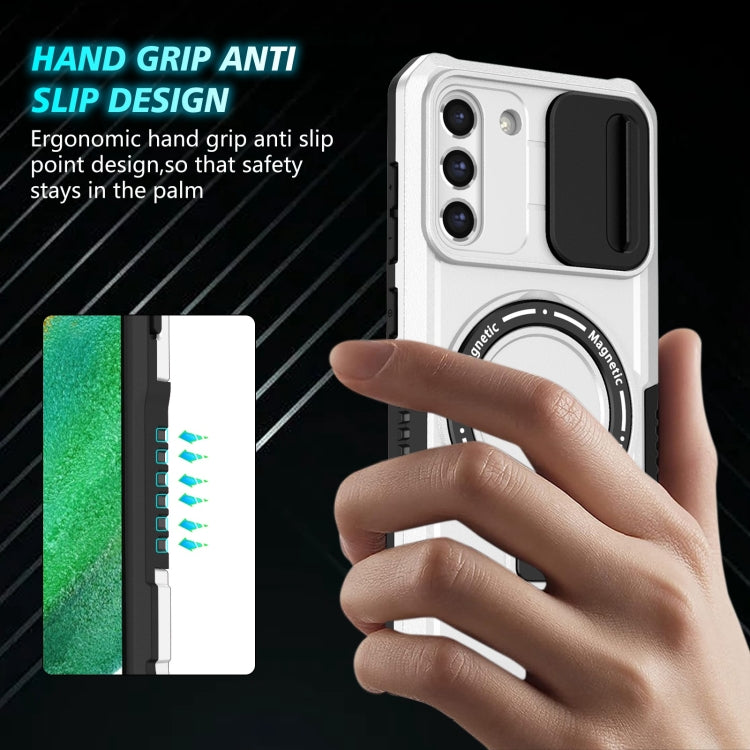 For Samsung Galaxy S21 FE 5G Sliding Camshield Magsafe Holder TPU Hybrid PC Phone Case(Black White) - Galaxy Phone Cases by PMC TechLife | Online Shopping South Africa | PMC TechLife