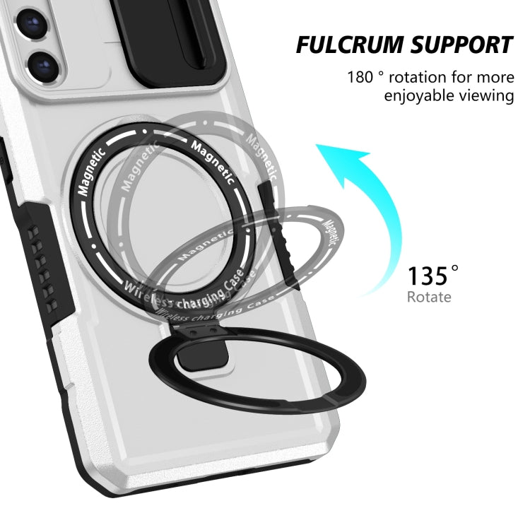 For Samsung Galaxy S21 FE 5G Sliding Camshield Magsafe Holder TPU Hybrid PC Phone Case(Black White) - Galaxy Phone Cases by PMC TechLife | Online Shopping South Africa | PMC TechLife