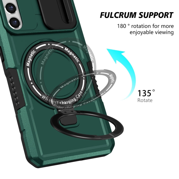 For Samsung Galaxy S21 FE 5G Sliding Camshield Magsafe Holder TPU Hybrid PC Phone Case(Deep Green) - Galaxy Phone Cases by PMC TechLife | Online Shopping South Africa | PMC TechLife