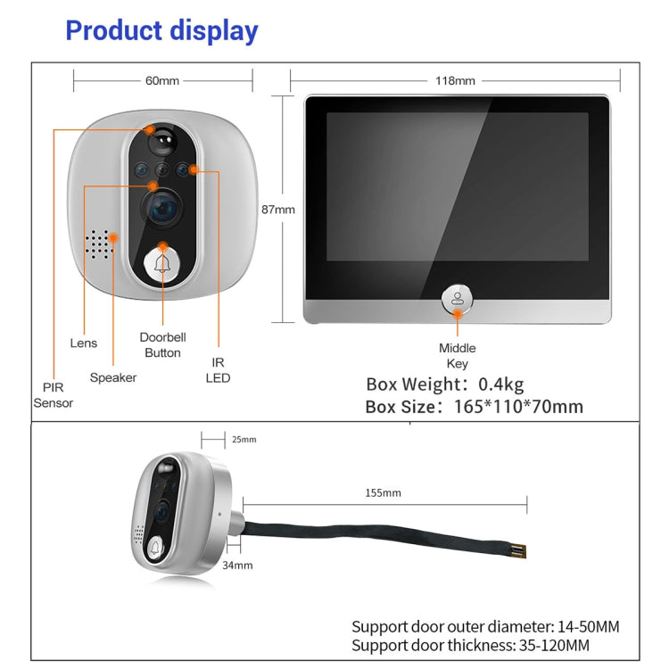 ESCAM C85 1080P 4.3 inch Smart WIFI Digital Door Viewer Supports Wide-Angle PIR & Night Vision & Dingdong Photo(White) - free shipping - PMC TechLife - Order now!