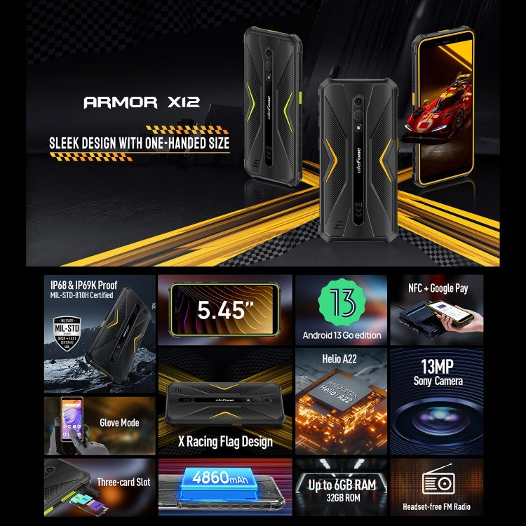 Ulefone Armor X12, 3GB+32GB, Rugged Phone, Face Unlock, 5.45 inch Android 13 Go MediaTek Helio A22 Quad Core, Network: 4G, NFC(Less Green) - free shipping - PMC TechLife - Order now!