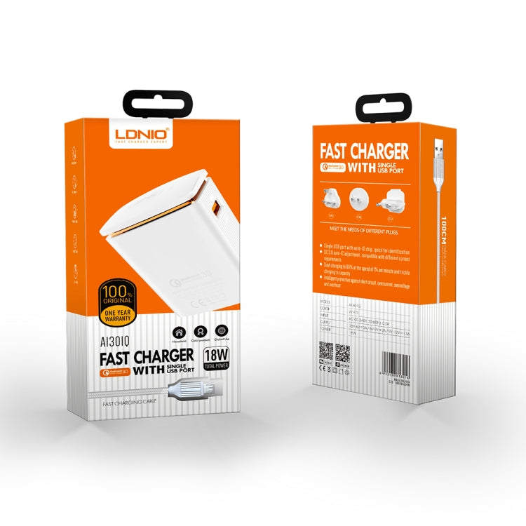 LDNIO A1301Q 2 in 1 18W QC3.0 USB Interface Travel Charger Mobile Phone Charger with 8 Pin Data Cable, EU Plug - free shipping - PMC TechLife - Order now!