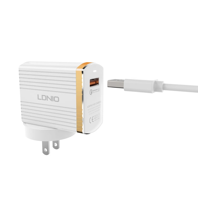 LDNIO A1302Q 2 in 1 18W QC3.0 USB Interface Grid Shape Travel Charger Mobile Phone Charger with 8 Pin Data Cable, US Plug - free shipping - PMC TechLife - Order now!