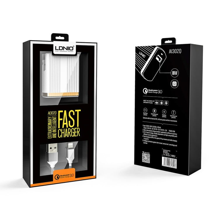 LDNIO A1302Q 2 in 1 18W QC3.0 USB Interface Grid Shape Travel Charger Mobile Phone Charger with 8 Pin Data Cable, UK Plug - free shipping - PMC TechLife - Order now!