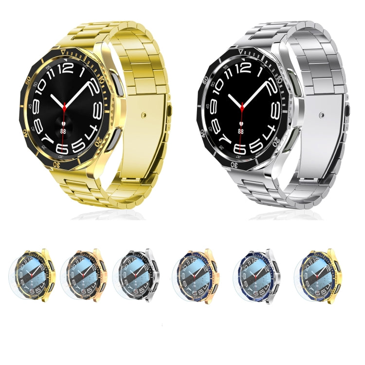 For Samsung Galaxy Watch6 Classic 47mm R960 Electroplate PC Case + Tempered Film + Watch Bezel Ring Set(Blue+Rose Gold) - Watch Cases by PMC TechLife | Online Shopping South Africa | PMC TechLife