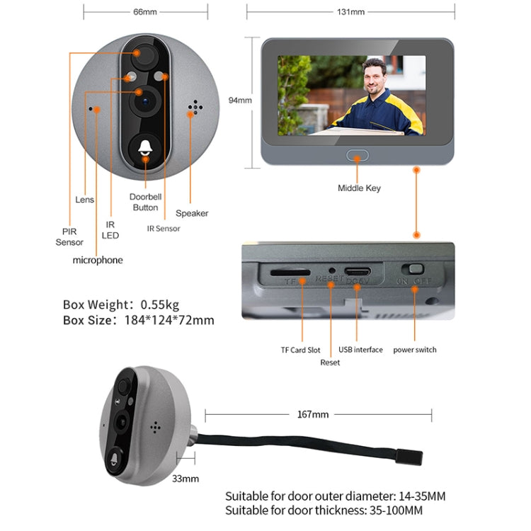 ESCAM C87 1080P 4.3 inch Smart WiFi Digital Door Viewer Supports Wide-Angle PIR & Night Vision & Dingdong Photo(White) - free shipping - PMC TechLife - Order now!