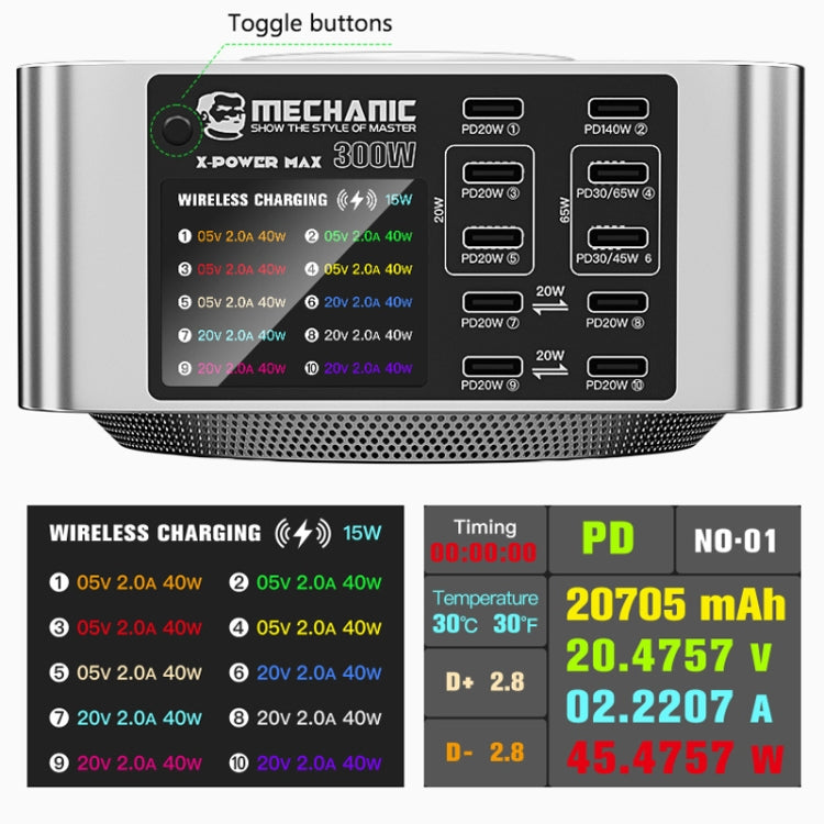 Mechanic X-Power Series Multiport Digital Display USB Charger Station with Wireless Charging, Total Power:150W(EU Plug) - free shipping - PMC TechLife - Order now!