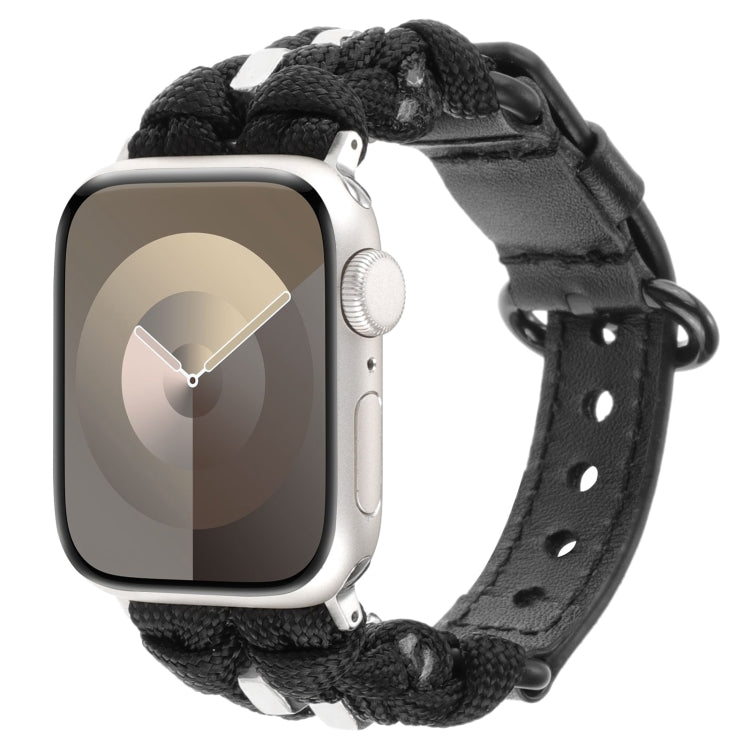 For Apple Watch Series 8 41mm Paracord Genuine Leather Watch Band(Black) - Watch Bands by PMC TechLife | Online Shopping South Africa | PMC TechLife | Buy Now Pay Later Mobicred