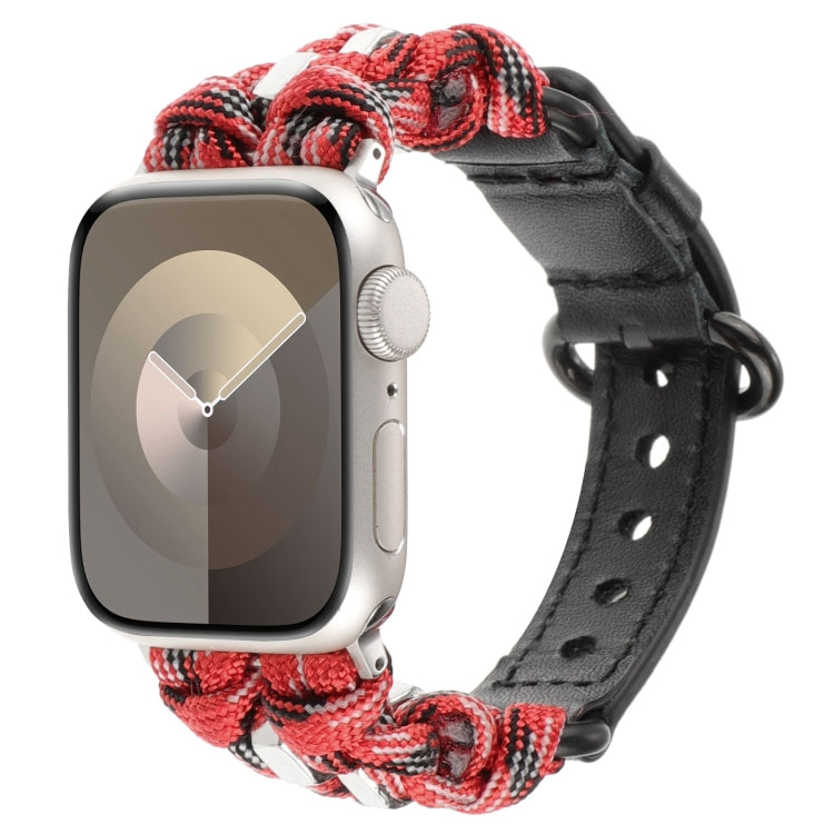 For Apple Watch Series 8 45mm Paracord Genuine Leather Watch Band(Black Red Camo) - Watch Bands by PMC TechLife | Online Shopping South Africa | PMC TechLife