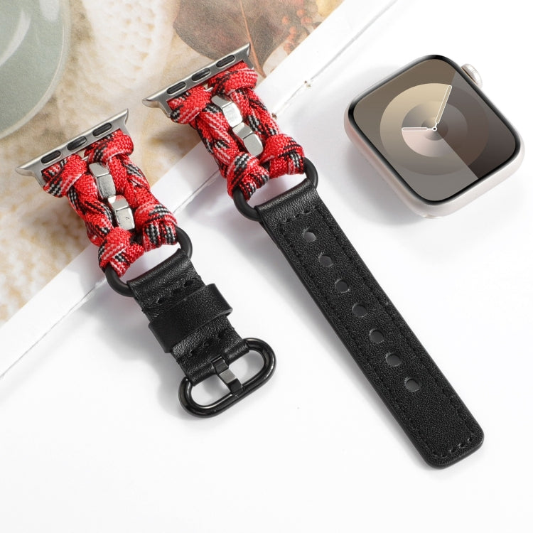 For Apple Watch Series 8 45mm Paracord Genuine Leather Watch Band(Black Red Camo) - Watch Bands by PMC TechLife | Online Shopping South Africa | PMC TechLife