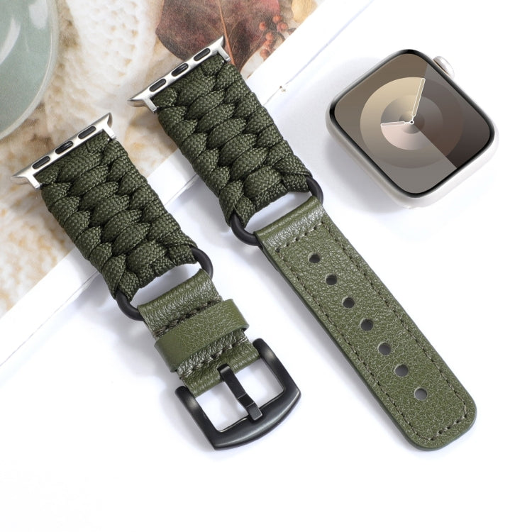 For Apple Watch Series 9 45mm Plain Paracord Genuine Leather Watch Band(Army Green) - Watch Bands by PMC TechLife | Online Shopping South Africa | PMC TechLife