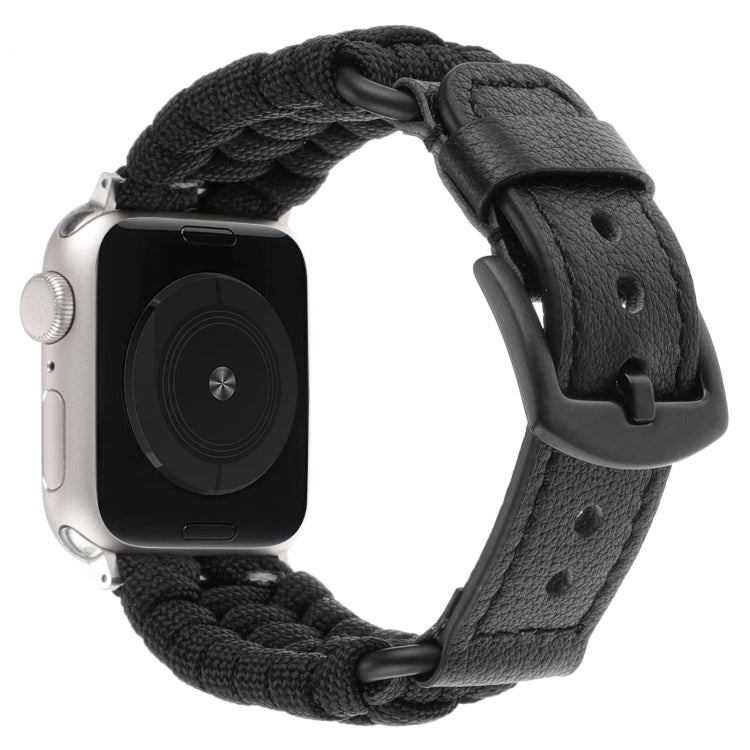 For Apple Watch Series 7 45mm Plain Paracord Genuine Leather Watch Band(Black) - Watch Bands by PMC TechLife | Online Shopping South Africa | PMC TechLife