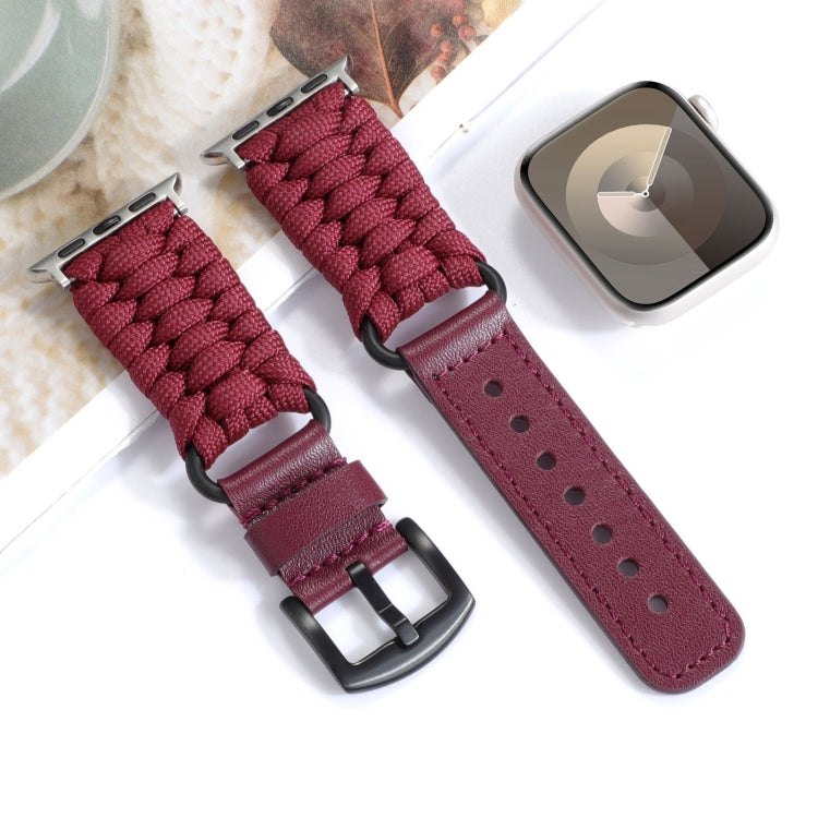 For Apple Watch Series 6 44mm Plain Paracord Genuine Leather Watch Band(Wine Red) - Watch Bands by PMC TechLife | Online Shopping South Africa | PMC TechLife