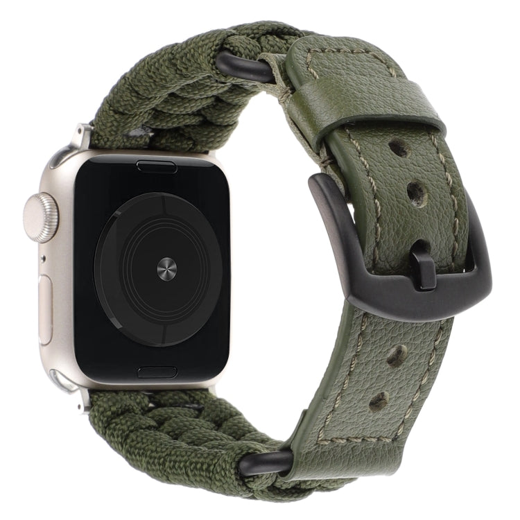 For Apple Watch Series 4 44mm Plain Paracord Genuine Leather Watch Band(Army Green) - Watch Bands by PMC TechLife | Online Shopping South Africa | PMC TechLife
