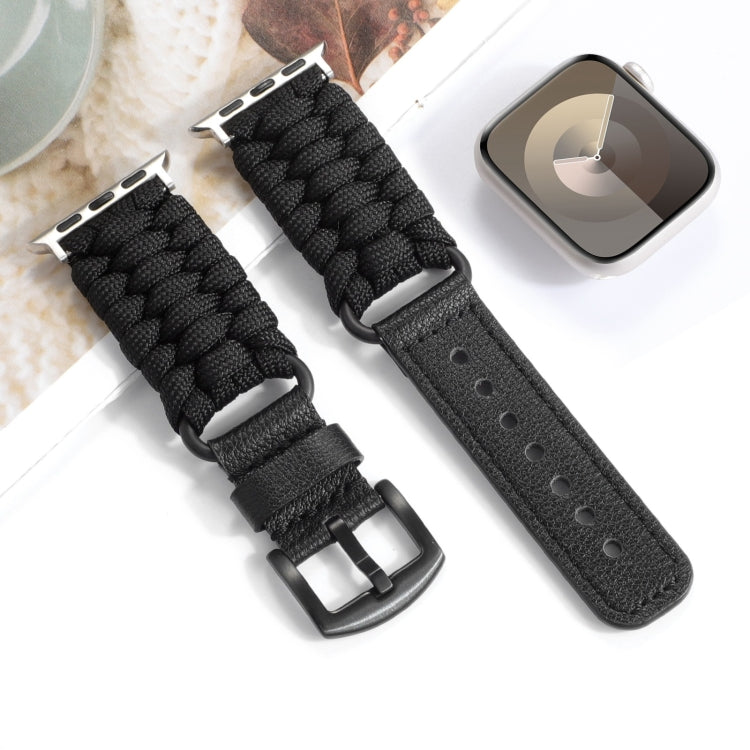 For Apple Watch Series 3 38mm Plain Paracord Genuine Leather Watch Band(Black) - Watch Bands by PMC TechLife | Online Shopping South Africa | PMC TechLife