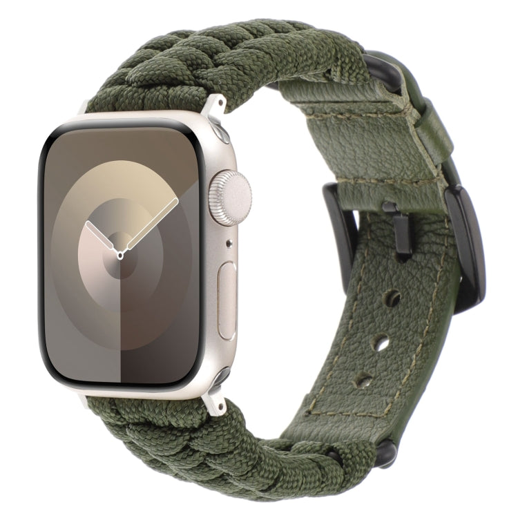 For Apple Watch Series 3 38mm Plain Paracord Genuine Leather Watch Band(Army Green) - Watch Bands by PMC TechLife | Online Shopping South Africa | PMC TechLife