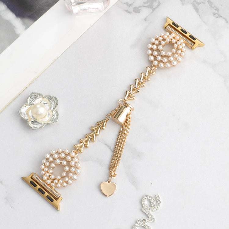 For Apple Watch Series 3 38mm Pearl Round Zinc Alloy Chain Metal Watch Band(Gold) - free shipping - PMC TechLife - Order now!