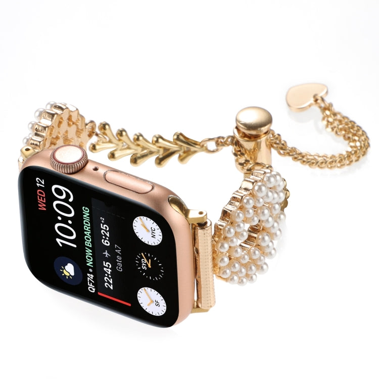 For Apple Watch Series 3 38mm Pearl Round Zinc Alloy Chain Metal Watch Band(Gold) - free shipping - PMC TechLife - Order now!