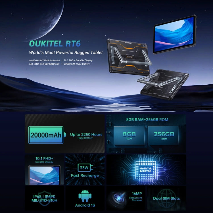 OUKITEL RT6 4G Network IP68/IP69K Rugged Tablet, 8GB+256GB, 10.1 inch Android 13 MediaTek MT8788 Octa Core Support Dual SIM, EU Plug(Black) - free shipping - PMC TechLife - Order now!