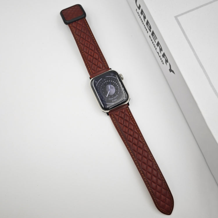 For Apple Watch SE 2023 44mm Rhombus Pattern Magnetic Square Buckle Leather Watch Band(Red) - free shipping - PMC TechLife - Order now!